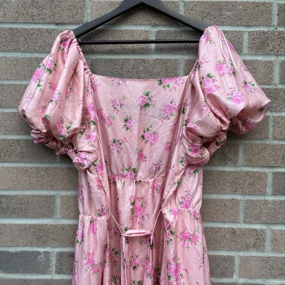 LoveShackFancy x Target Womens 18W Pink Satin Floral Puff Sleeve Mini Dress - Picture 10 of 12